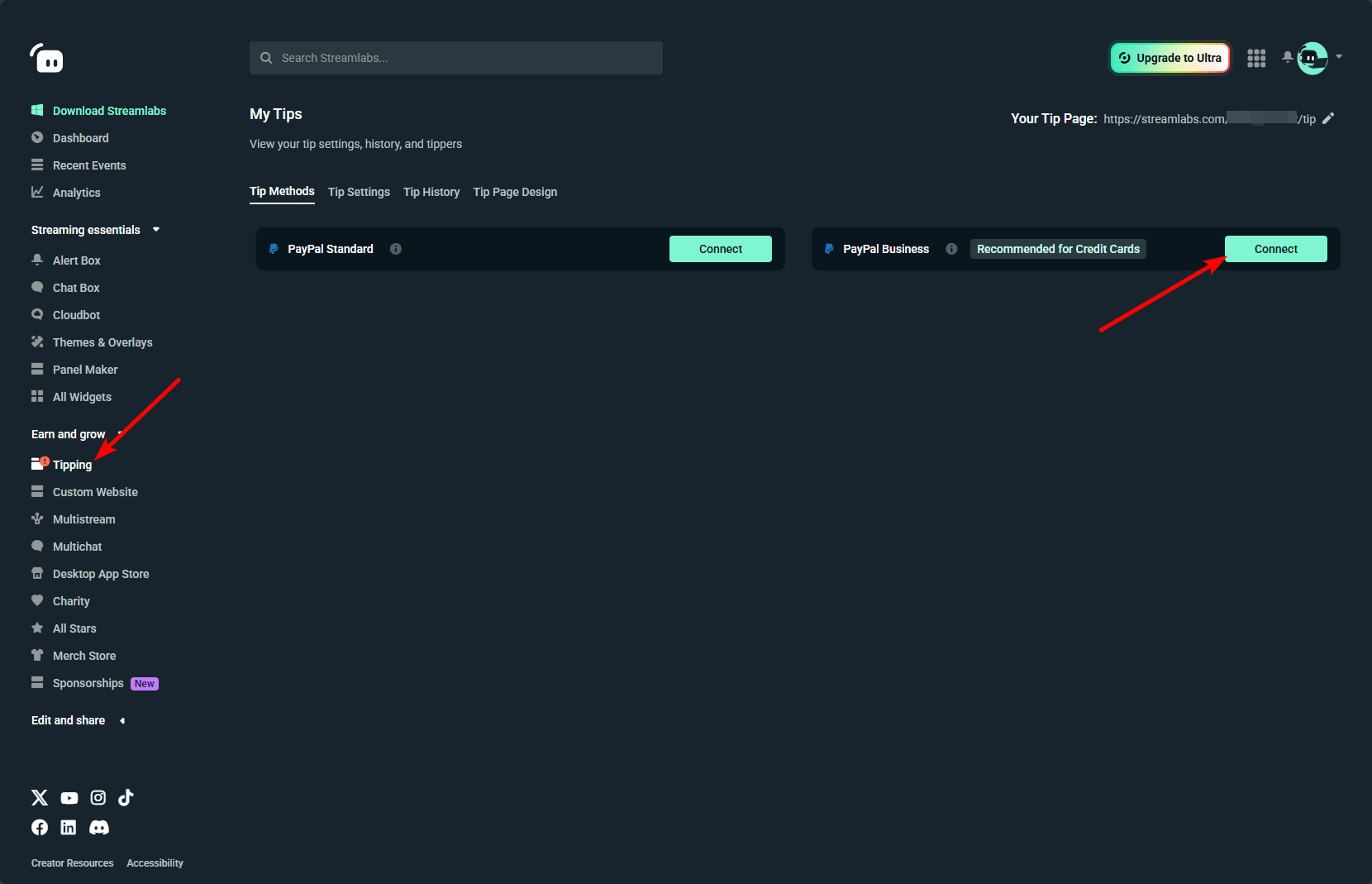 Streamlabs tipping settings dashboard displaying setup parameters.